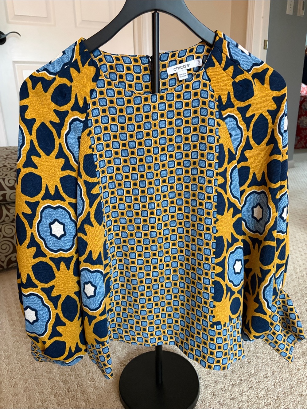 Chico's Blue and Yellow Geometric-Print Blouse